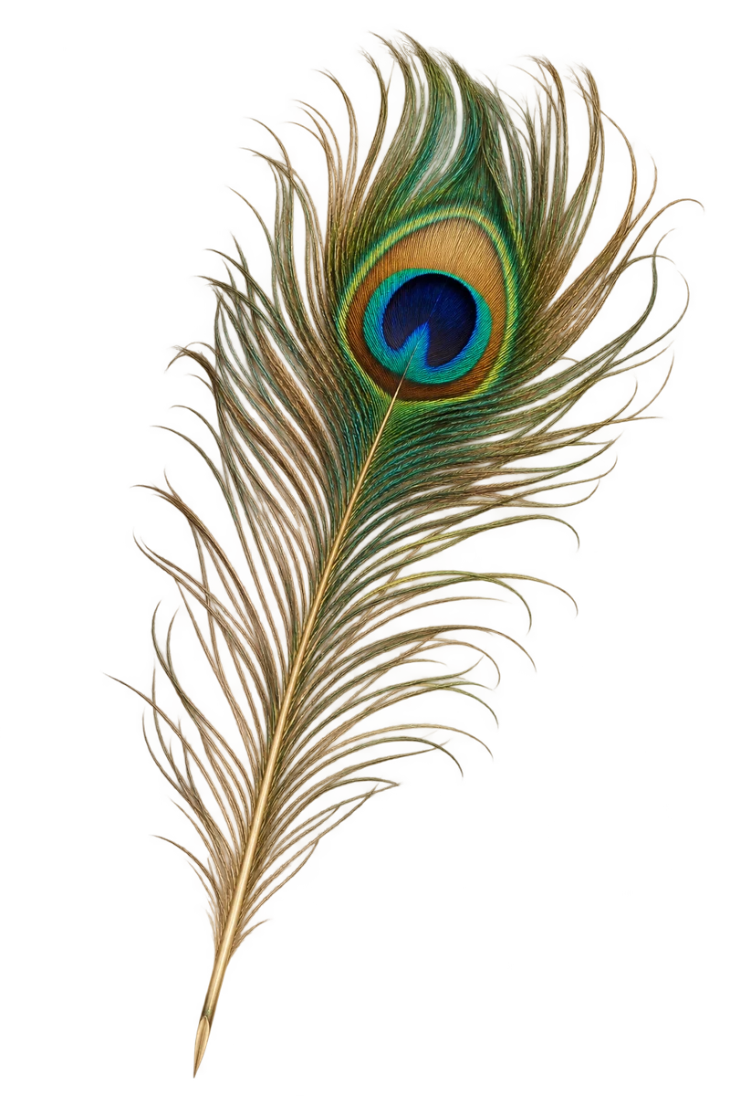 A delicate morpankh with an indigo and teal eye and fine golden strands